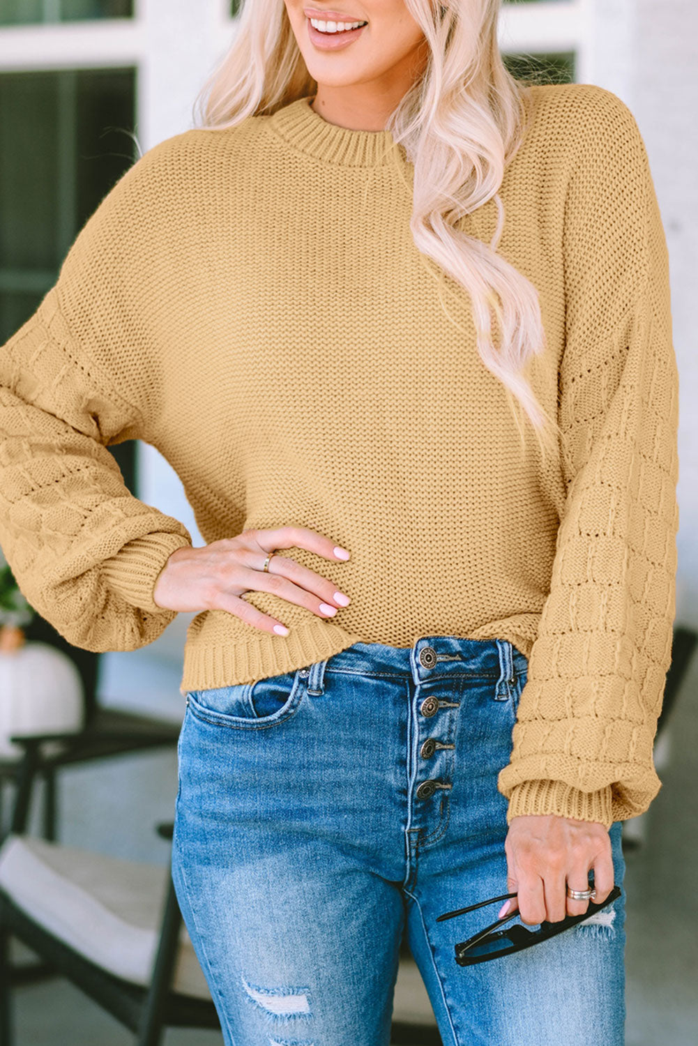 Khaki Hollowed Bubble Sleeve Knit Sweater