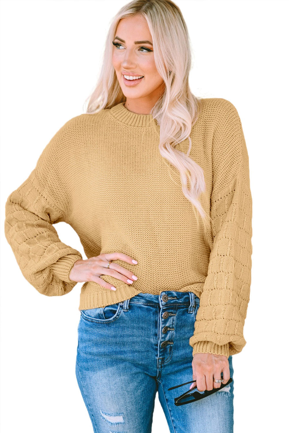 Khaki Hollowed Bubble Sleeve Knit Sweater