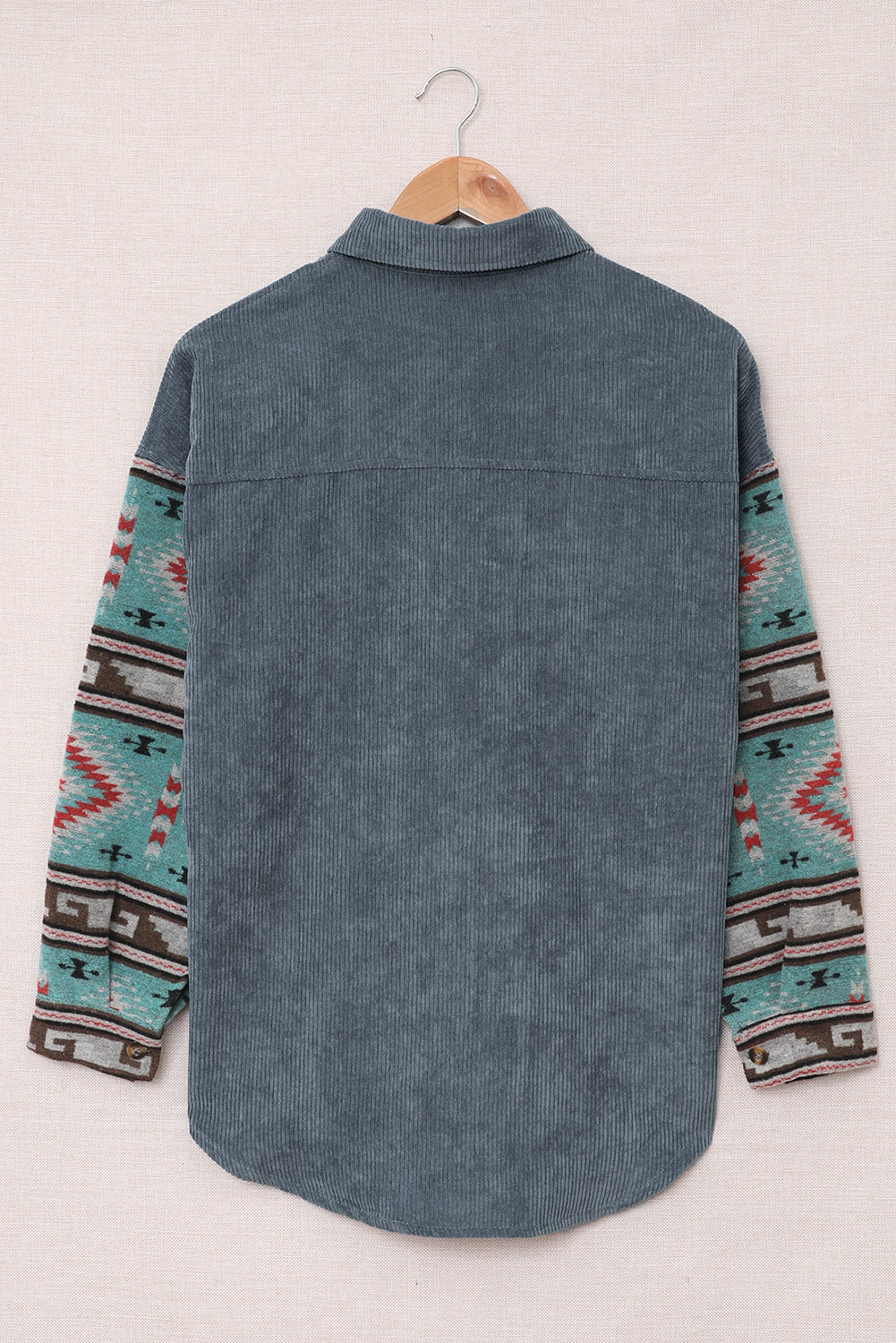 Gray  Aztec Pattern Sleeve Pocketed Corduroy Shacket