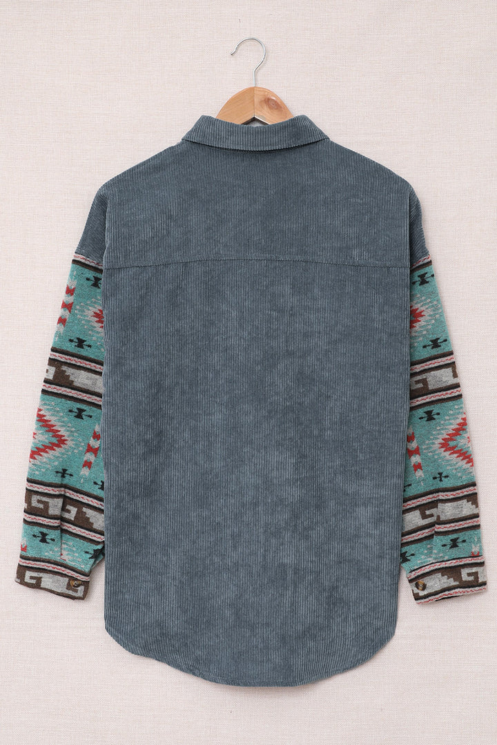 Gray  Aztec Pattern Sleeve Pocketed Corduroy Shacket