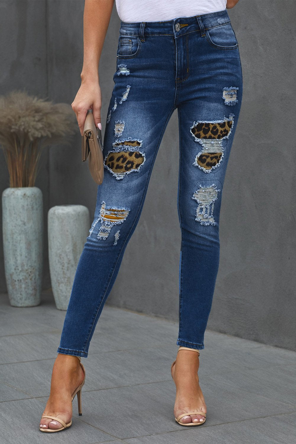 Women's Fashion Blue Patches Of Leopard Denim Distressed Jeans