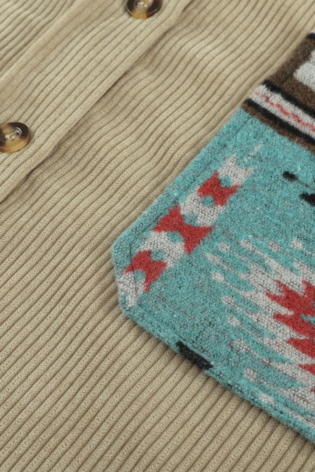 Khaki Aztec Pattern Sleeve Pocketed Corduroy Shacket
