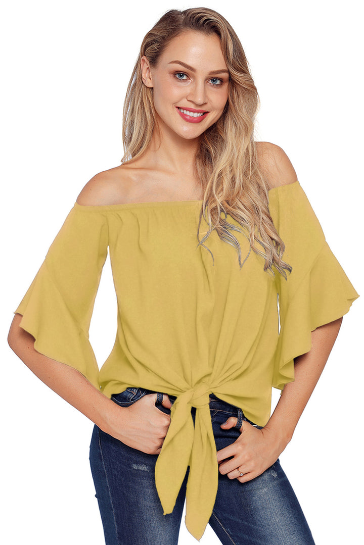 Yellow Off The Shoulder Knot Front Blouse